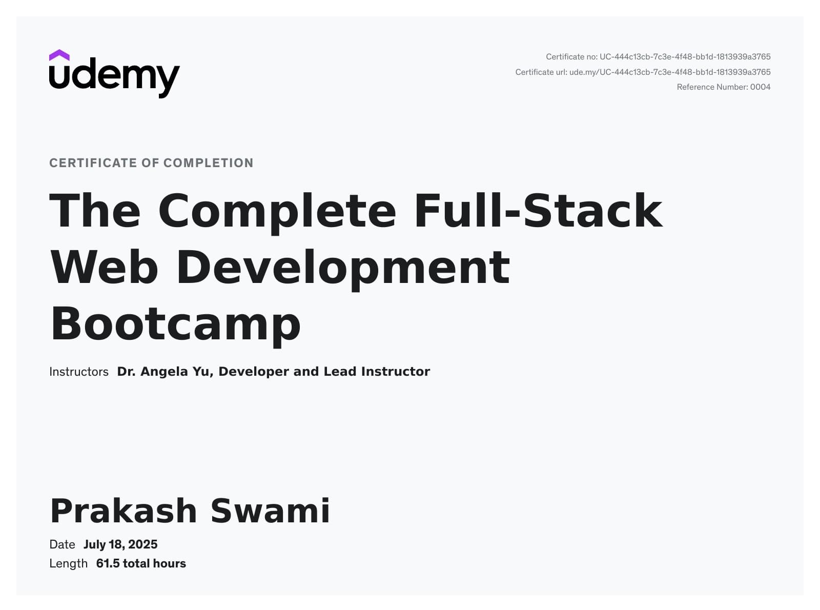 Udemy certificate of completion: The Complete Full-Stack Web Development Bootcamp, Prakash Swami